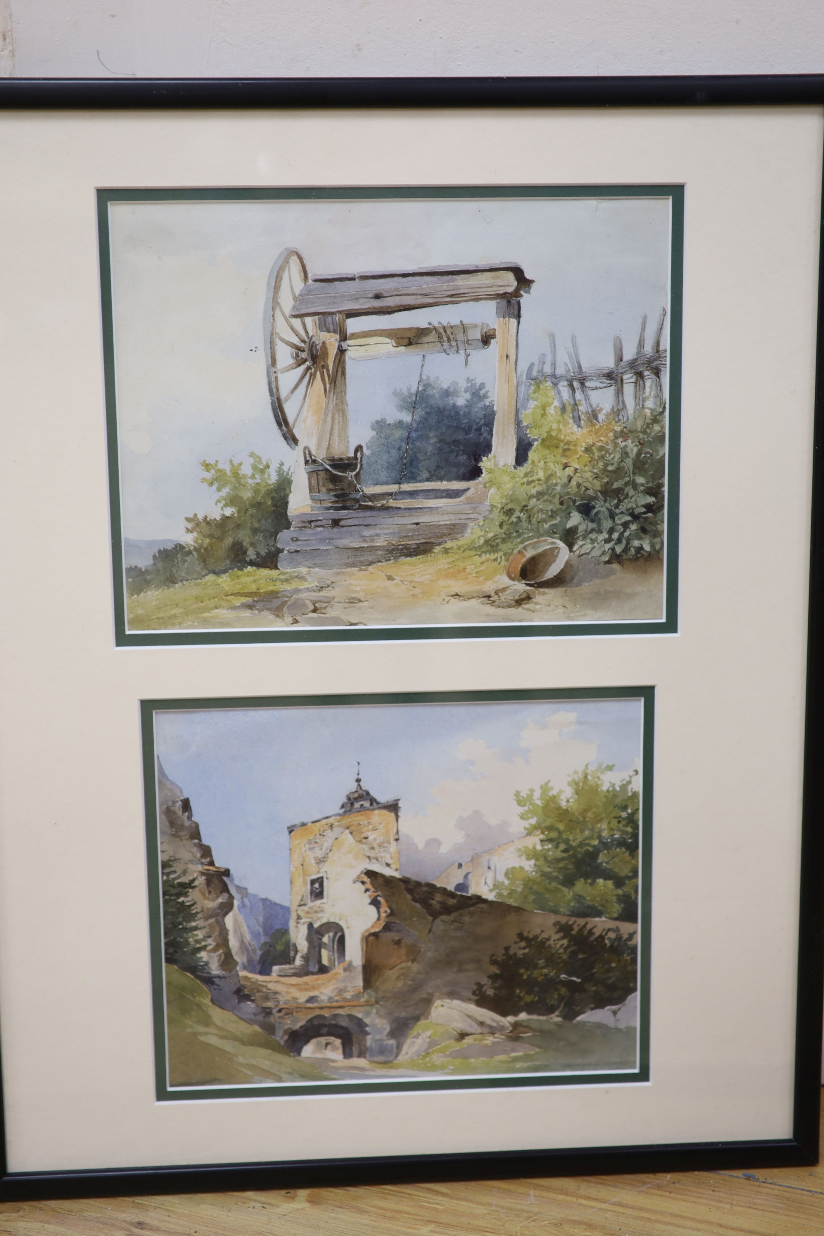 19th century German School, six watercolours, Studies of a horse and cart, a saddled horse and Alpine scenes, one signed Jules Schaffer 1847, the horse signed Gustav 1836, largest 19 x 26cm, in three frames